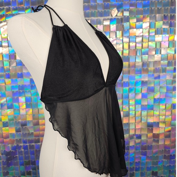SHEIN Black Mesh Halter Top Handkerchief Hem XL US 12 Rave Clubwear - Picture 4 of 7